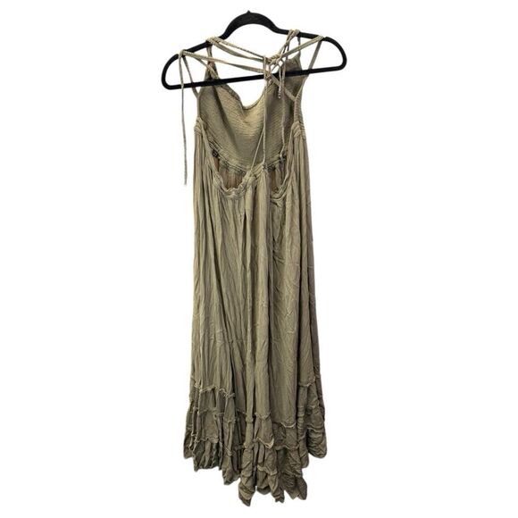 Free People Smocked Maxi Dress XL Olive Khaki Boho Gauze Summer Beach Vacation - Picture 9 of 12